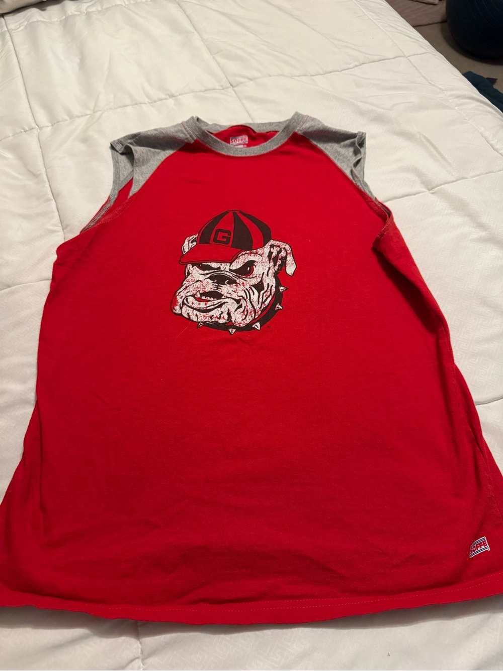 Red Sleeveless Bulldog Graphic Tee with Gray Trim youth xl